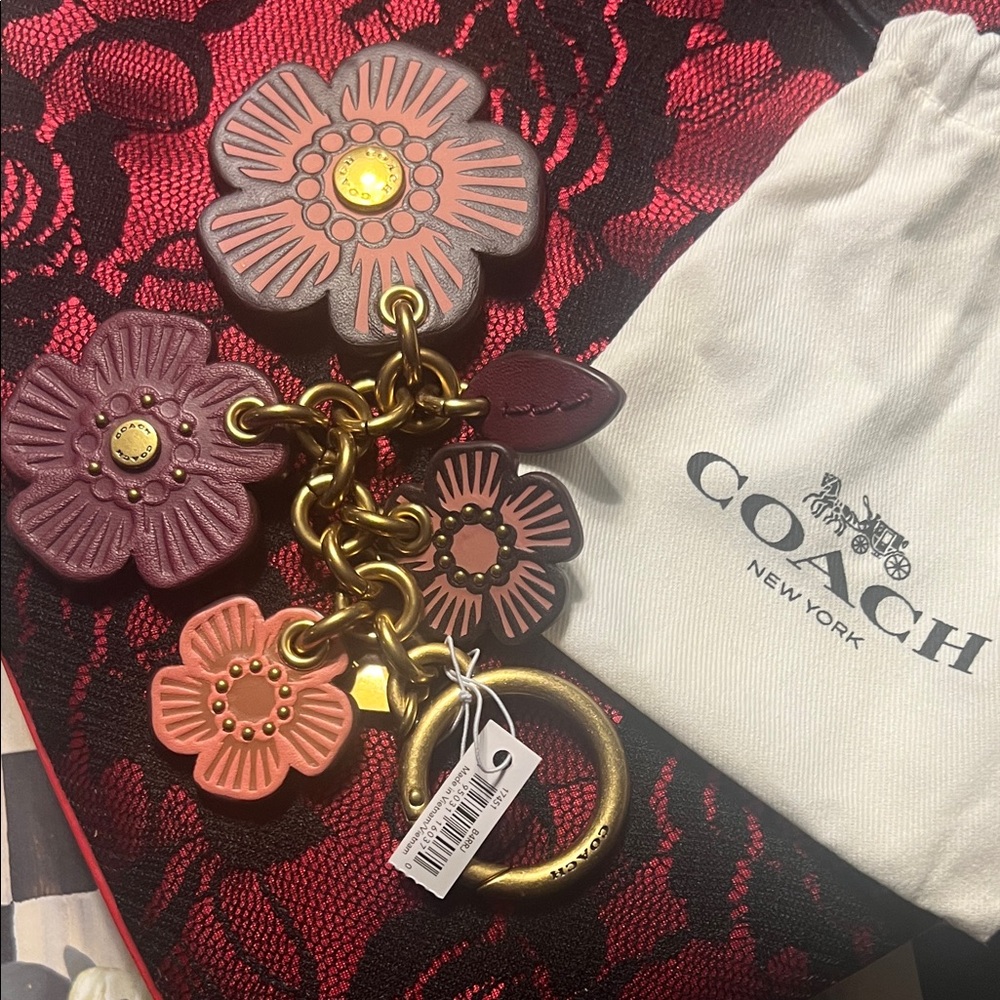 Coach Pink and Purple Floral Keychain with Gold Hardware